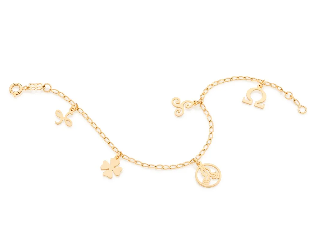 Pulseira Rommanel com pingentes Sorte, Amizade, Namaste, Sabedoria e Coragem de 19 cm - Cod 551551