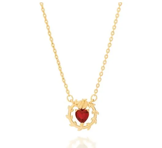 Colar Rommanel feminino elo português com pingente Sagrado Coração de Jesus com 1 cristal formato coração, 50 cm - Cód 532065