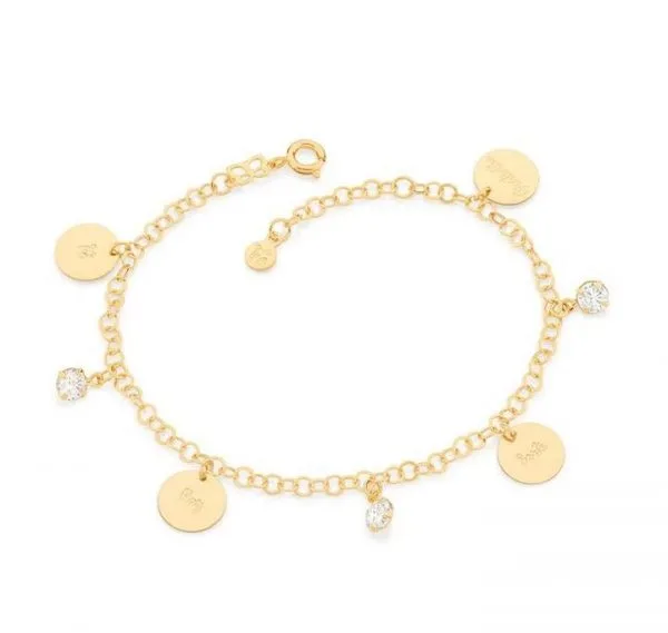 Pulseira Rommanel elo cadeado, com medalhas "fé, paz, sorte e gratidão", intercaladas por 3 zircônias, 20 cm ajustável 18 cm - Cod 551700