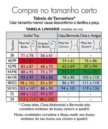 Tabela de medidas DeMillus